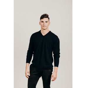 Men's Black Possum Merino V Neck Sweater - Kapeka NZ