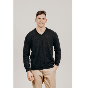 Men's Black Possum Merino V Neck Sweater - Kapeka NZ