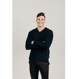 Men's Black Possum Merino V Neck Sweater - Kapeka NZ