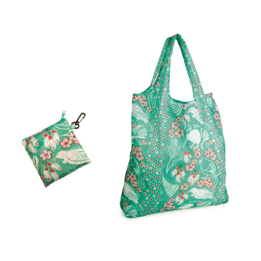 Foldable Eco Bag-Birds and Flowers-Teal