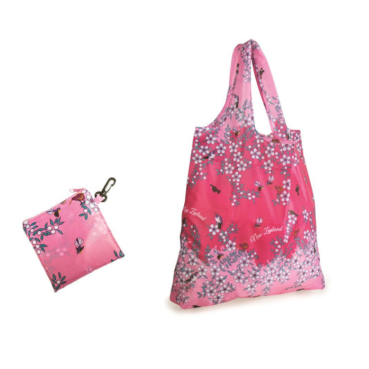 Foldable Eco Bag-Manuka Flowers and Birds -pink