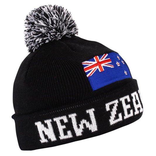 Pom Pom Beanie with New Zealand Flag-Black
